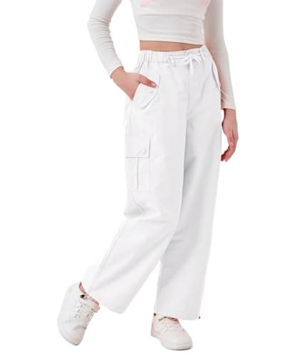Image of Rolanko Girls Baggy Cargo Parachute Trousers, Y2K Vintage Joggers with Adjustable Elastic Waist for Kids Fit, White, Tag Size: 170