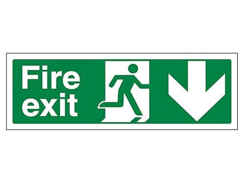 Image of The Workplace Depot Fire Exit Down Direction Sign – 150 x 450 mm Running Man & Down Arrow Sign, Self-Adhesive Vinyl or 1mm Rigid PVC for Offices, Warehouses & Public Buildings (PVC (Rigid))