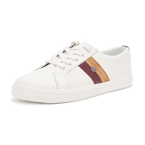 Image of Lauren Ralph Lauren Women's Janson Ii Color-Blocked Leather Sneaker, Snw Wht/Dark Garnet/Camel, 8 UK