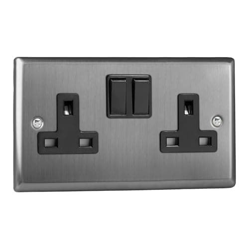 Image of Varilight Double Switched Plug Socket - Classic Brushed Steel with Black Insert, XT5B