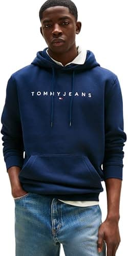 Image of Tommy Jeans Mens Tjm Reg Linear Logo Ext Dm0dm20746c1g004 Pullover Hoodie, Blue (Dark Night Navy), L UK