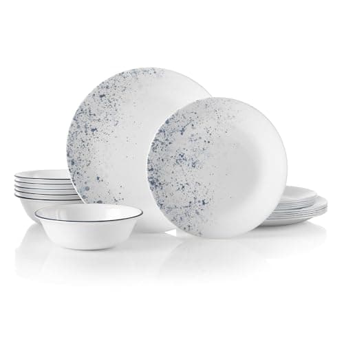 Image of Corelle 18-Piece Dinner Set, Indigo Speckle, Blue and White for 6, Chip Resistant Dinnerware, Includes 26cm Dinner Plates, 17cm Salad/Side Plates and 530ml Soup/Cereal Bowls