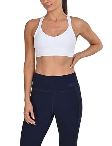 Image of TCA Medium Impact Women's Sports Bra with Removeable Pads, Wireless Seamless Racer Back Support Comfort Adjustable Straps, Activewear Sports Bra for Women - White, M