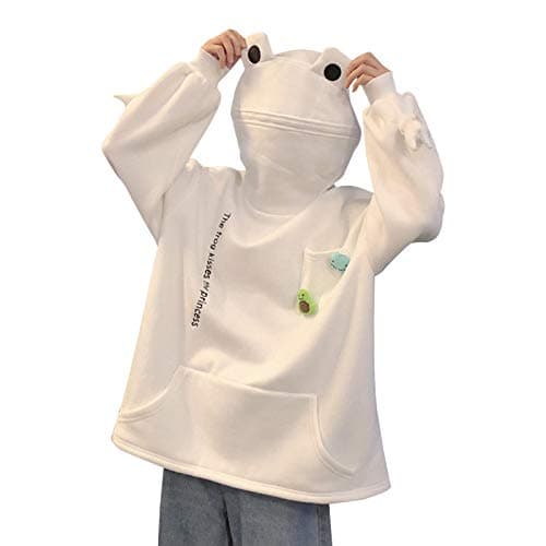 Image of Women's Cute Frog Hoodie, Winter Warm Thick Loose Oversized Sweatshirt, Animal Shape, Hood, Top, Sweatshirt, Teenager Street Style, White, L
