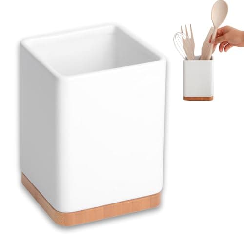 Image of KOOK TIME Ceramic Utensil Holder with Bamboo Base | Square Kitchen Utensil Pot for Ladles, Spatulas and Cutlery | Shiny White, 10.5 x 10.5 x 15 cm