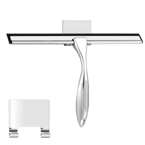 Image of wlich Shower Squeegee, 12 Inch Stainless Steel Window Squeegee with Hook for Shower Glass Doors, Mirrors, Windows and Car Glass, Bathroom Shower Screen Wiper with Silicone Blade for Efficient Cleaning