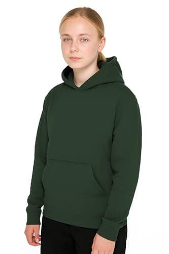 Image of INSAFIANS Unisex Fleece Hoodie Boys Girls Pullover Jumper Long Sleeve School Hooded Sweatshirt PE School (BTL GRN 11-13 Y) Bottle Green