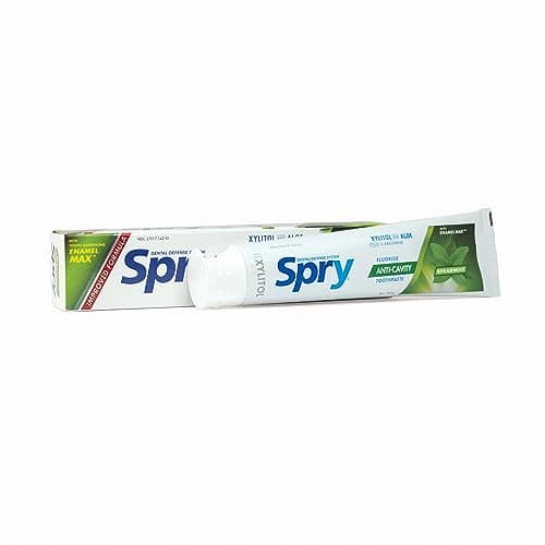 Image of Spry Natural Xylitol Toothpaste 5oz for Adults and Kids with Fluoride, Gentle for Sensitive Teeth Whitening and Remineralizing, Breath Freshening, Mouth Moisturizing, Spearmint (Pack of 1)
