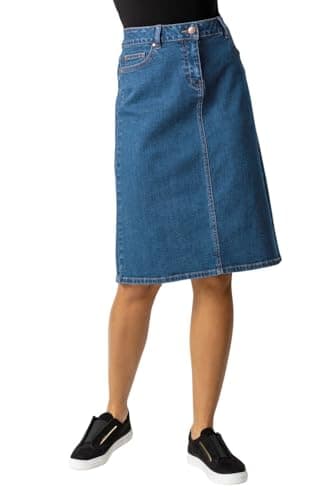 Image of Roman Originals Denim Skirt with Pockets for Women UK - Ladies Jean Skirts Cotton Stretch Mid Wash Fitted A Line Casual Smart Work Office Knee Length Flattering Slimming - Indigo - Size 10