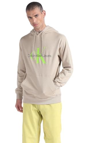 Image of Calvin Klein Jeans Men Hoodie Seasonal Monologo Regular, Grey (Plaza Taupe/Acid Light), S