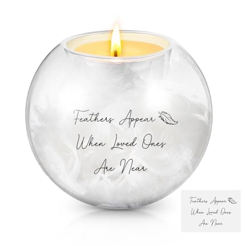 Image of BBTO Glass Feather Filled Tea Light Holder, Candle Holders Condolence Gifts, Memorial Candles, Christmas Gifts Bereavement Keepsake for Loss of Mum Dad(Feathers)