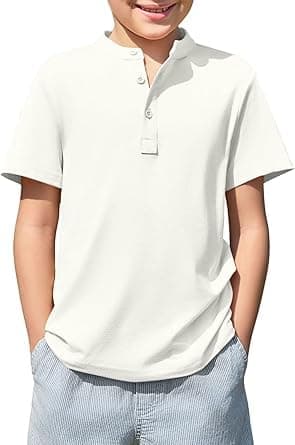 Image of Haloumoning Boys' T-Shirt Short Sleeve Round Neck Henley Shirt Kids Summer Plain Lightweight Button Placket Top Casual Basic Tees 5-14 Years, White, 11-12 Years