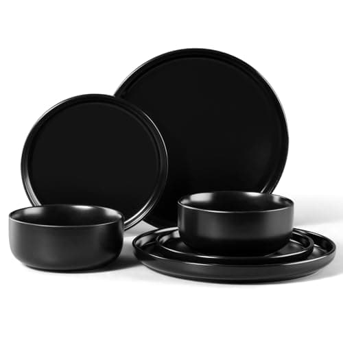 Image of HaWare Dinner Set, 6 Piece Stoneware Dinnerware Service for 2, Elegant Matte Glaze Dining Ware Include Plates and Bowls, Chip and Scratch Resistant, Microwave & Dishwasher Safe, Matte Black