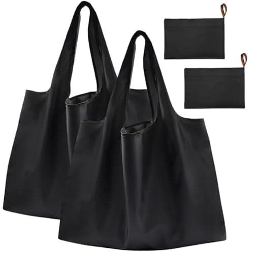 Image of YINKIGI Large Reusable Shopping Bags 2 Pack, Foldable Shopping Bag & Waterproof Tote that Folds into Compact Pouch, Lightweight for Groceries and Daily Use (Black)