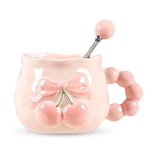Image of Huipalon Coffee Mugs with Spoon Set 3D Embossed Bow Design Pink Ceramic Coffee Mug for Latte Tea Chocolate Cute Mug Gift for Women Girls Bestie Friends Mom Daughter Sister Birthday Christmas 300ml