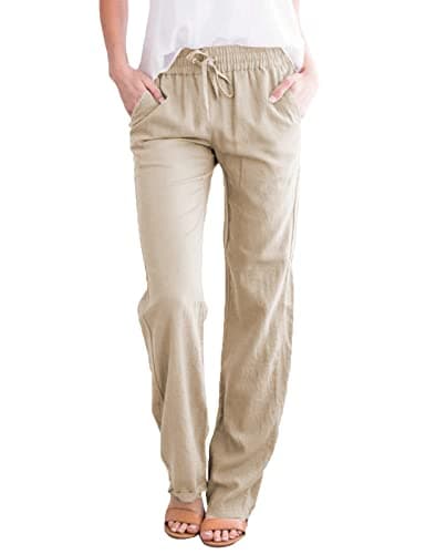 Image of UMIPUBO Womens Straight Leg Jogger Trousers Cotton and Linen Full Length Casual Full Elasticated Waist Bottoms Summer Drawstring Pants (Khaki, M)