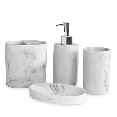 Image of Luxury Bathroom Accessories Set – 4-Piece White Marble Look | Resin Soap Dispenser, Toothbrush Holder, Tumbler, Soap Dish | Modern Bathroom Decor Organiser | M&W