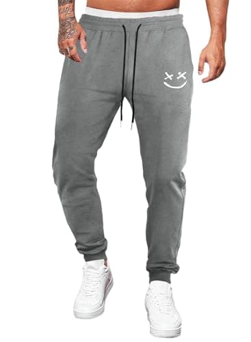 Image of JMIERR Mens Tracksuit Bottoms Sweatpants Graphic Tapered Track Gym Running Joggers Smiley Face Athletic Pants with Drawstring,Dark Gray,Medium