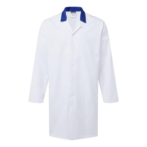 Image of Portwest 2210 Food Industry No Pocket Coat Non Shrink Industrial Laundry Workwear Concealed Stud Front Contrast Collar Hygienic Catering Protective Coat, White/Royal Blue, XXL