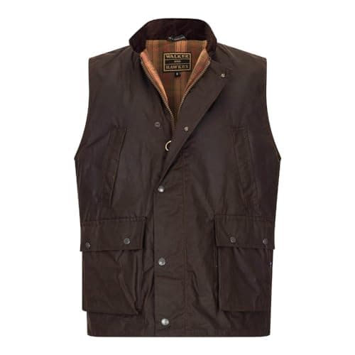 Image of WALKER AND HAWKES - Men's Winchester Multi Pocket Waxed Cotton Gilet Outdoor Camping Waistcoat Hiking Travelling Jacket - Brown - Large