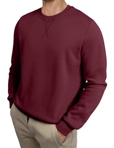 Image of Meilicloth Mens Sweatshirts Fleece Pullover Crewneck Soild Color Basic Cotton Jumper Long Sleeve Top Red