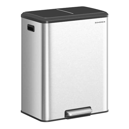 Image of SONGMICS Kitchen Bin, 2 x 8 Gal. (2 x 30 L) Double Rubbish Bin for Recycling and Waste, Inner Buckets, Stainless Steel, Soft-Close Lid, Wide Sturdy Pedal, Metallic Silver LTB556E01