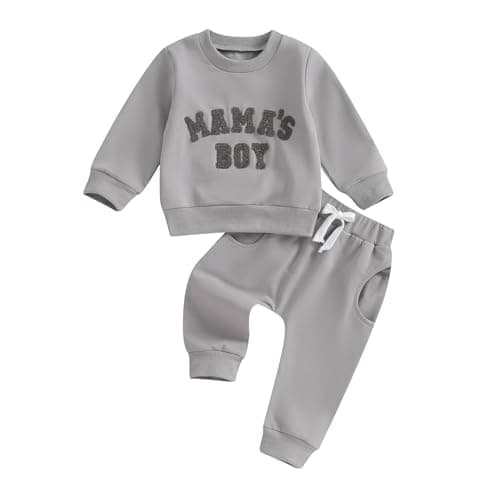 Image of Carolilly Toddler Baby Boys Outfits Letter Embroidery MAMA'S BOY T-Shirt Long Sleeve Sweatshirts Pullover+Pocket Pants 2PCs Outfits Tracksuit Newborn Baby Boys Clothing Sets (Gray, 18-24 Months)