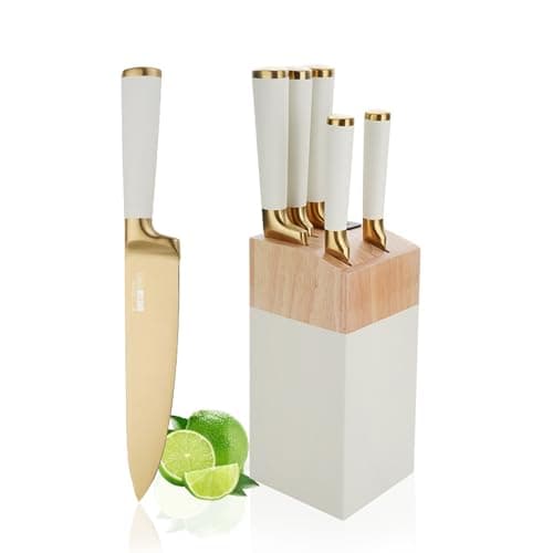 Image of AVEKI Knife Sets for Kitchen, White 6 PCS Stainless Steel Knife Sets with Block, Ultra Sharp Knife Block Set with Comfortable Handle, Built-in Sharpener, New Home Apartment Essentials (White)