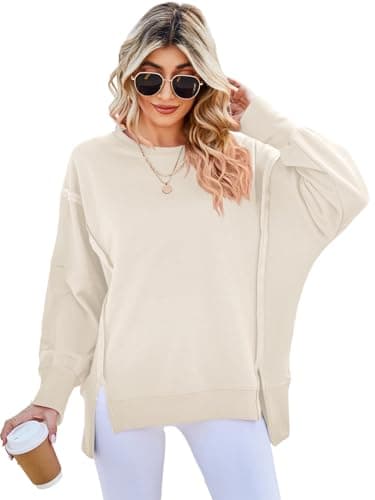 Image of SotRong Ladies Sweatshirts Without Hood Crewneck Oversized Sweatshirts for Women Longline T Shirts Baggy Slouchy Boxy Tops Split Side Cotton Pullover Apricot XL