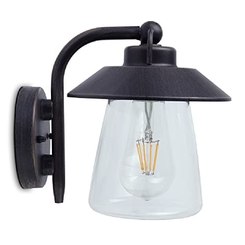 Image of Britalia Matt Black Rust & Clear Glass Outdoor Vintage Swan Neck Down Lantern Wall Light | IP44 Exterior Rated | 20cm Height | 1 x ES E27 Lamp Bulb Required | Garden - Patio - Driveway