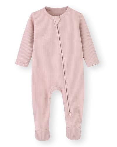 Image of BINUDUCKLING Baby Boys Girls Two-Way Zip Sleepsuit, Baby Footed Pajamas with Mitten Cuffs - Cotton Baby Onesies Long Sleeve Zip Up Baby Grows 0-3 Months, Pink