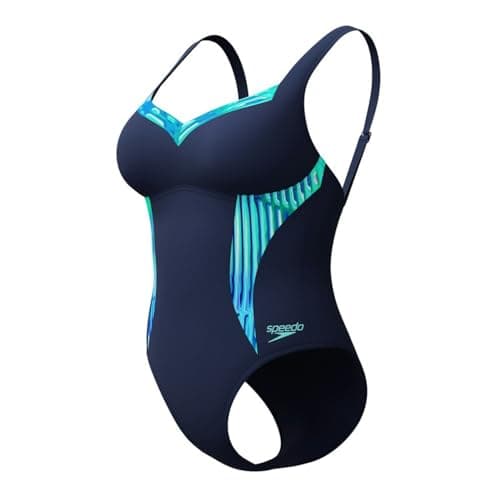 Image of Speedo Women's Shaping Printed LunaElustre Swimsuit Swimming Costume Blue Green Size 36" Approx UK 12