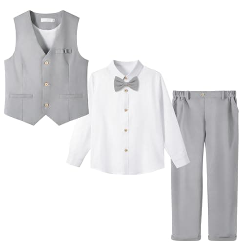 Image of LOLANTA 4PCS Page Boys Wedding Waistcoat Trousers Suit, Kids Linen Formal Suit Vest, White Shirt, Trousers and Bowtie Set, Christening Ceremony Prom Birthday Partywear, Grey, 10-11 Years, 150