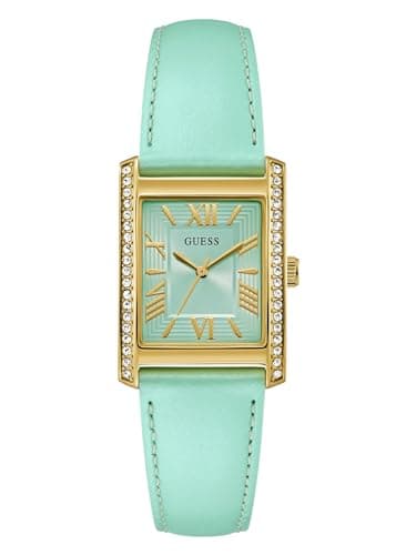 Image of Guess Blue Leather Analog Watch, Green, One Size, Bonnie