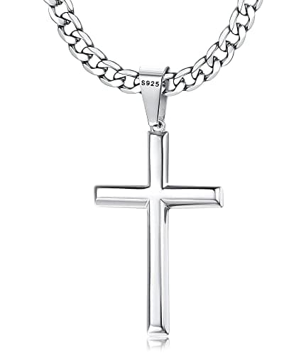 Image of Chriscoco 925 Sterling Silver Cross Pendant Necklace for Men Women 5mm Stainless Steel Diamond-Cut Durable Cuban Link Chain Crucifix Necklace Polished Beveled Edge Cross Chain Necklace Jewelry
