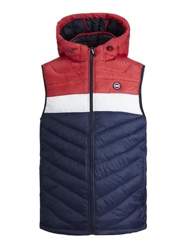 Image of JACK & JONES Men's Sleeveless Gilet Full Zip Lightweight Hooded Puffer Vest Quilted Bodywarmer Jacket for Men, Navy Blazer/True Red Colour, Size- L