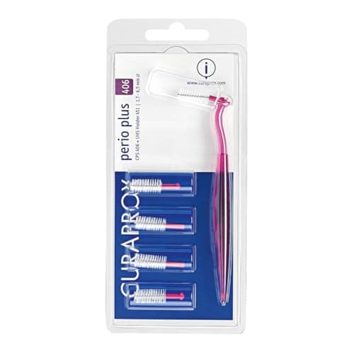 Image of Curaprox Interdental Brush Set CPS 406 Perio – for Larger Spaces & Sensitive Gums | Includes 5 Brushes & Angled Holder |Purple | Designed in Switzerland