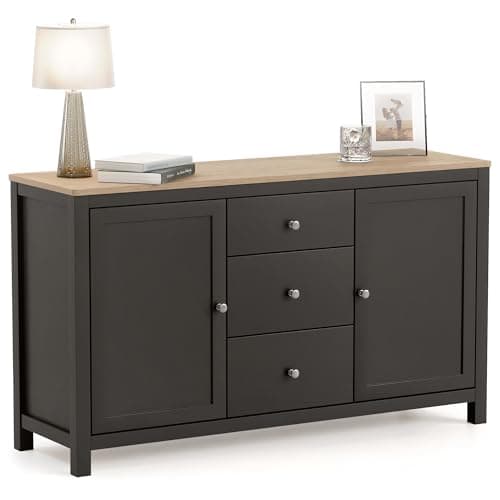 Image of CHRISTOW Sideboard Storage Cabinet with Oak-Effect Top, 3 Drawers & 2 Cupboards with Adjustable Shelves, Living & Dining Room Furniture, Sturdy MDF, Matte Painted Charcoal Finish, H79 x W137 x D40cm