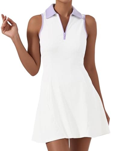 Image of GroYolan Tennis Dress for Women Polo Golf Dresses with Shorts 18 Pockets Sleeveless Athletic Sport Outfit Zip Up Workout Dress White-Purple