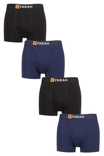 Image of Farah Mens Cotton Keyhole Trunks - Plain and Striped Soft Breathable Classic Underwear in a 4 Pack Sizes S,M,L,XL,XXL Black Navy L