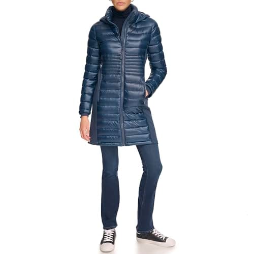 Image of Calvin Klein Women's Long Light-Weight Puffer Jacket Down Coat, Shine Slate Blue, M