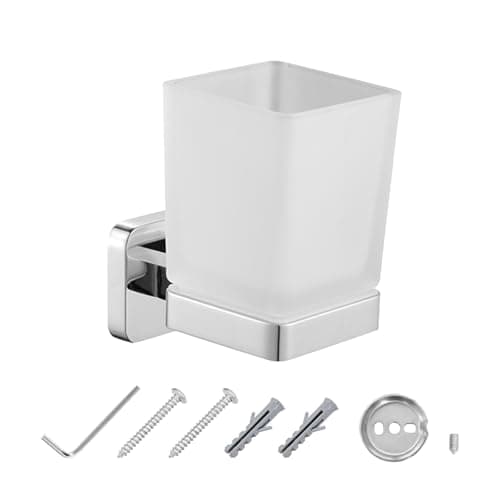 Image of JASSFERRY Wall Mounted Toothbrush Tumbler Holder Single Frosted Glass Tumbler Toothpaste Organizer Storage Square Cup Chrome