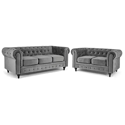 Image of Bravich Velvet Chesterfield Sofa | 2 & 3 Seater Suite | Soft Plush Fabric | Foam Seat Cushions | Scroll Arms | Button Studded Back | Living Room Bedroom Conservatory | Grey