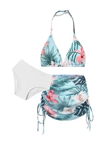 Image of Arshiner Girls 3 Piece Bikini Set Kids Halterneck Swimsuit Set with Drawstring Cover-Up Skirt Summer Beach Surfer Swimwear Bathing Suit for Girl 14-15 Years