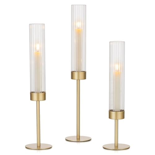 Image of Hewory Fluted Candle Holder Ribbed: Set of 3 Gold Hurricane Glass Candle Sticks Holder for Tapered Candles Tall Candlestick Holders for Wedding Table Centerpiece Dinner Christmas Decorations