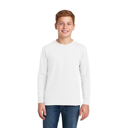 Image of Boys Kids Long Sleeve T-Shirt Top Cuffed Crew Neck Plain Jersey Tee Top Adults Casual Wear (White, 15-16Y)