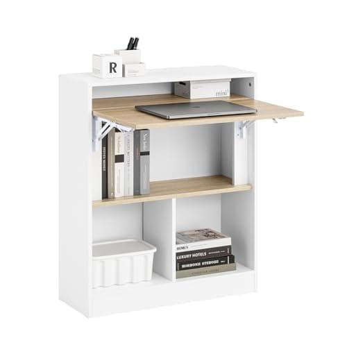 Image of SoBuy Folding Desk Wall Mounted with 5 Storage Shelves, Computer Desk for Home Office, Wooden Study Table, White and Natural, 70x57x85cm FWT104-WN
