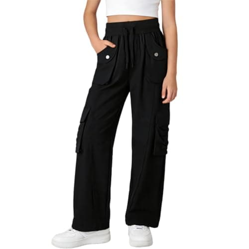 Image of Rolanko Girls Cargo Trousers Water Resistant Hiking Joggers, Elastic High Waist Lightweight Quick Dry Sweatpants for Teens, Black, 170, 14-15 Years