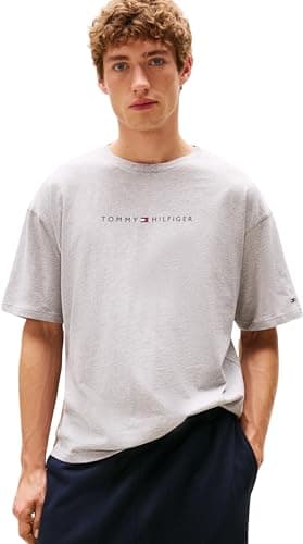 Image of Tommy Hilfiger Men’s Short Sleeve Round Neck Logo T-Shirt, Grey (Light Grey Heather), XXL