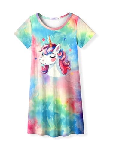 Image of Arshiner Nightdress Girls Children Short Sleeve Pajamas Unicorn Sleepdress Rainbow Nighties Round Neck Sleepwear 11-12 Years